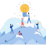 Team of people collaborating on mountain peak to achieve a big idea, symbolizing teamwork, innovation, and success