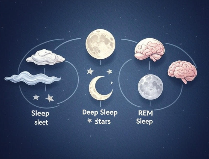 Illustration of sleep cycle stages including Sleep, Deep Sleep, and REM Sleep with symbolic icons of clouds, moons, stars, and brains