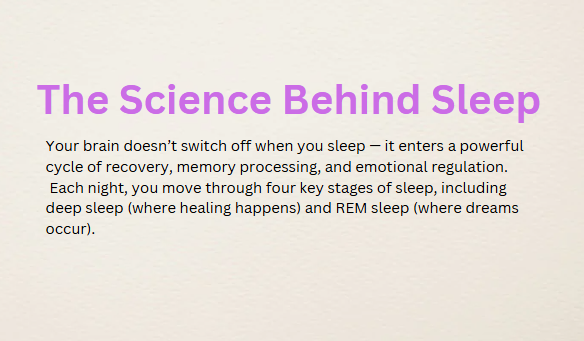 Explanation of the science behind sleep, highlighting brain activity, recovery, memory processing, and the stages of deep and REM sleep