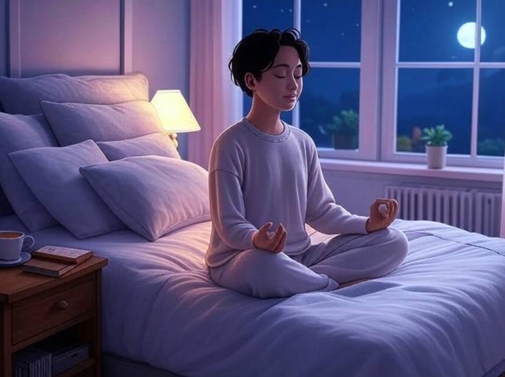Person meditating on bed in a peaceful bedroom at night with moonlight shining through the window