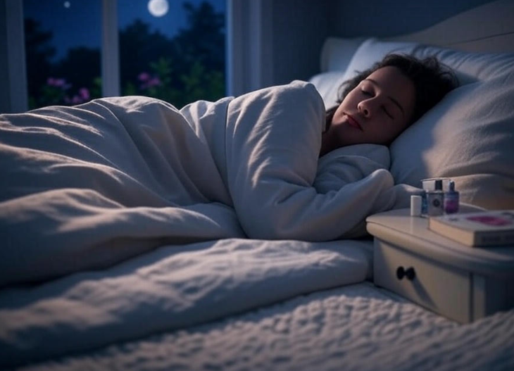 Woman sleeping peacefully in a cozy bed at night with moonlight shining through the window