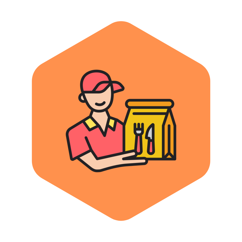 Food delivery person holding a takeaway bag with utensils icon