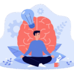 Man meditating in front of brain illustration symbolizing mindfulness, mental clarity, and stress relief through meditation