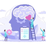 Illustration of mental health care with doctors supporting brain and emotional well-being through medical and psychological tools