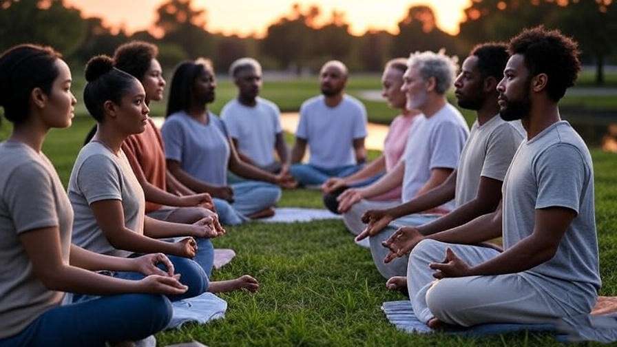 Diverse group meditating in a park at sunset, representing community in Shri Mataji Nirmala Devi meditation.