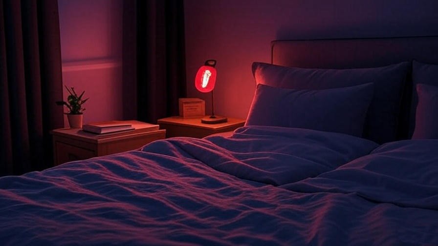 Cozy bedroom with a red sleep light bulb casting a warm glow, promoting relaxation and better sleep.
