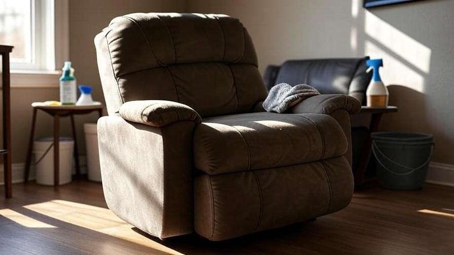 Recliner sleeper chair being cleaned with cloth and supplies for proper maintenance