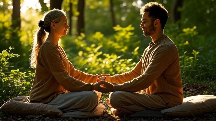 Couple practicing partner meditation in a lush forest to strengthen emotional connection.
