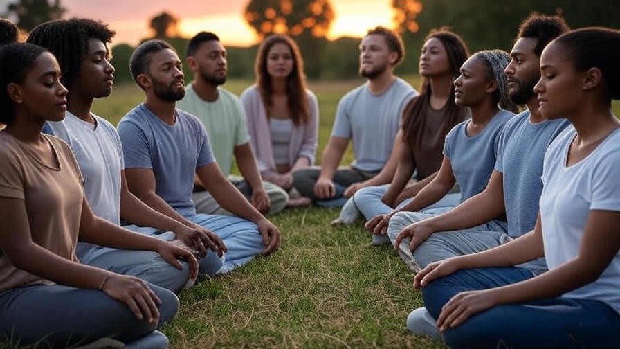 Group meditating outdoors at sunset for Regnum Christi daily meditation to boost happiness