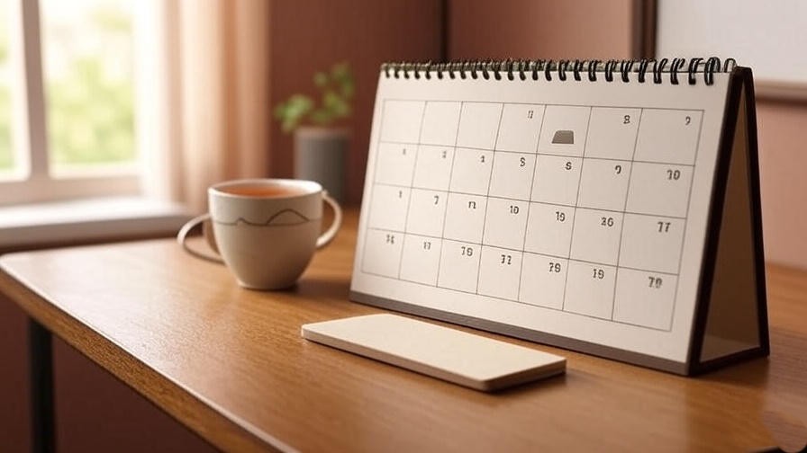 7-day calendar with dream wellness icons on a desk with a cup of tea.