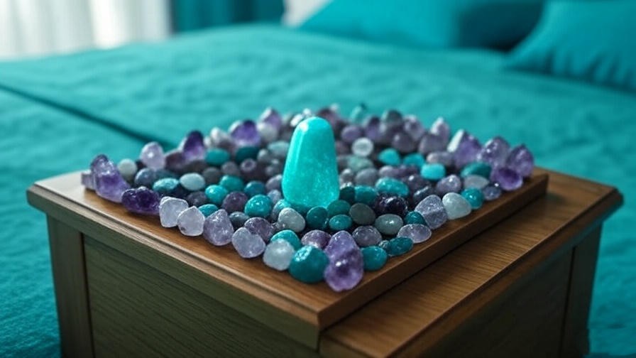 Crystal grid with Sleeping Beauty turquoise on nightstand in bedroom