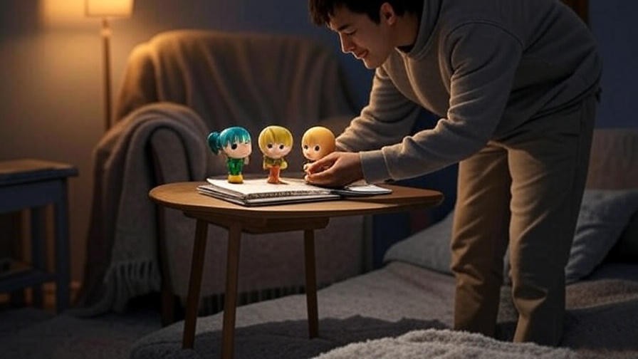 Person arranging Bang Dream chibi figures in a wind-down corner with blanket and journal.