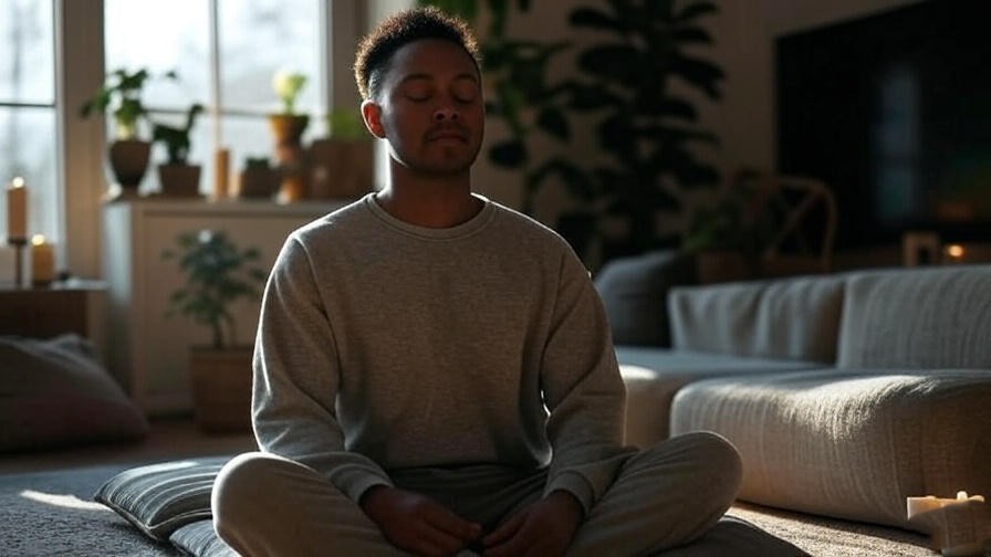 Person meditating in a calm room to relieve stress and anxiety