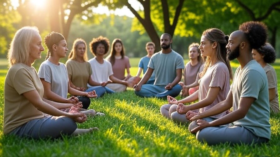 Diverse group meditating in a circle in a serene park setting.
