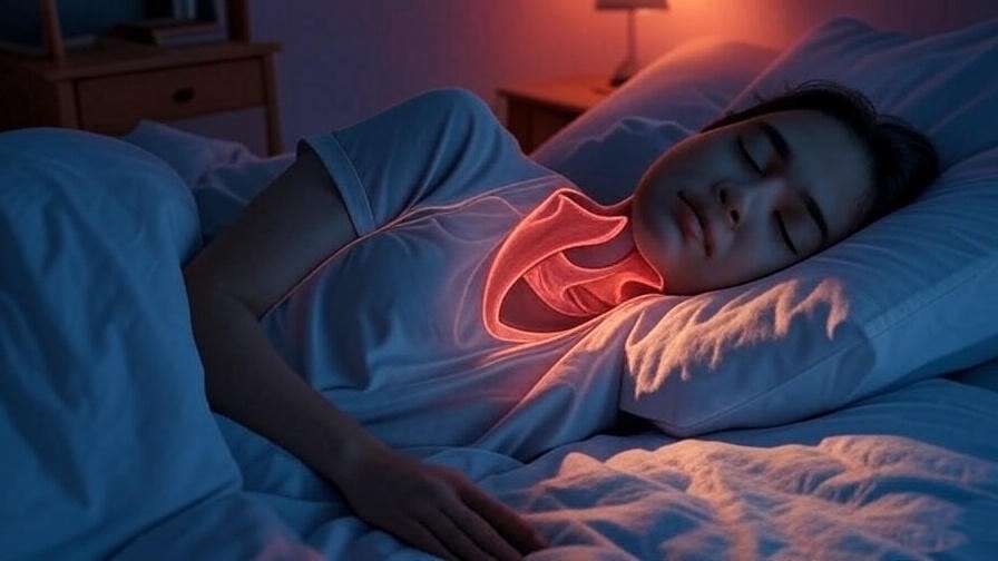 Illustrative image of a person sleeping in a cozy bedroom with a semi-transparent overlay showing an airway obstruction, highlighting sleep apnea in a calm, realistic setting.
