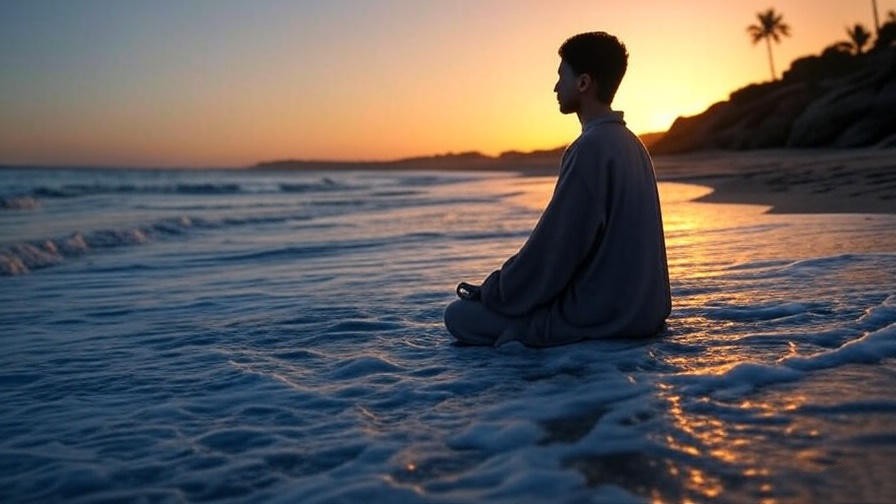 Tranquil beach sunset with a person meditating in the distance.