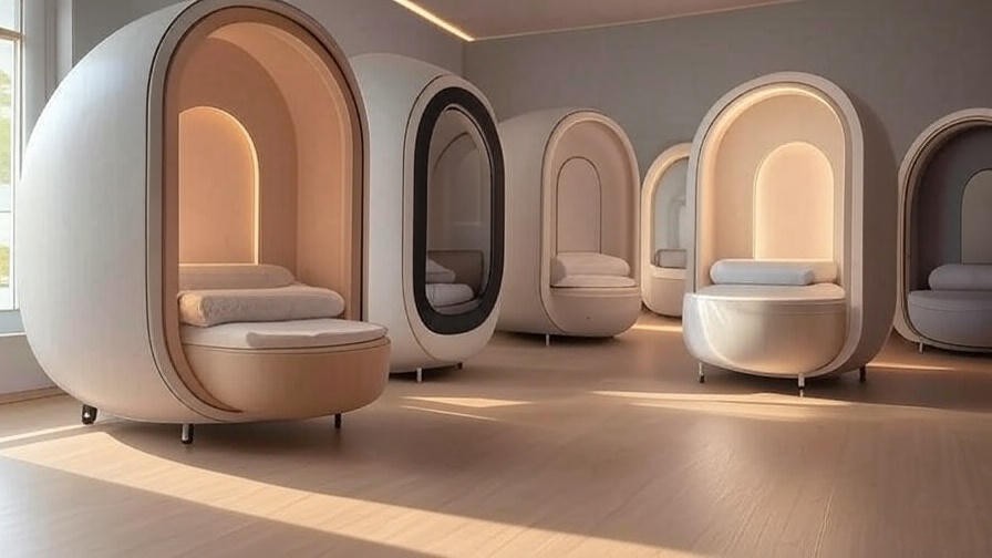 Variety of meditation pod models in a wellness center with soundproofing and adjustable lighting.