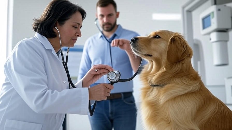 Veterinarian examining a Golden Retriever with a stethoscope in a clinic with X-ray equipment.