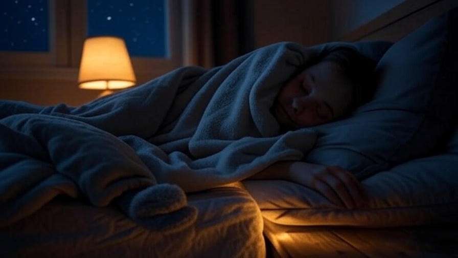  Person sleeping peacefully with cozy sleep socks under warm bedroom lighting. 
