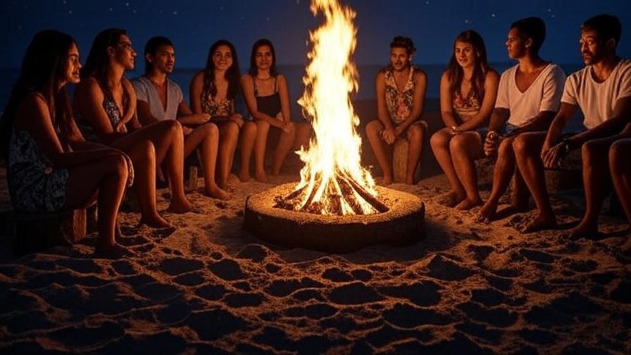 Beach bonfire gathering at Dreams Las Mareas under starry sky