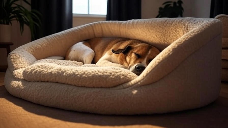 Cozy dog sleep area with an orthopedic bed and calming decor.