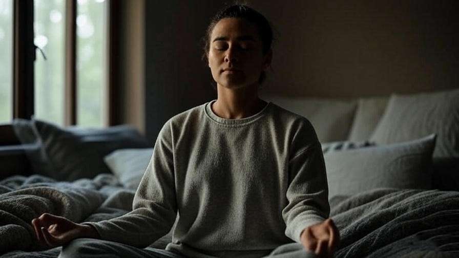 Person meditating on bed for calm, calmful sleep in serene room.

