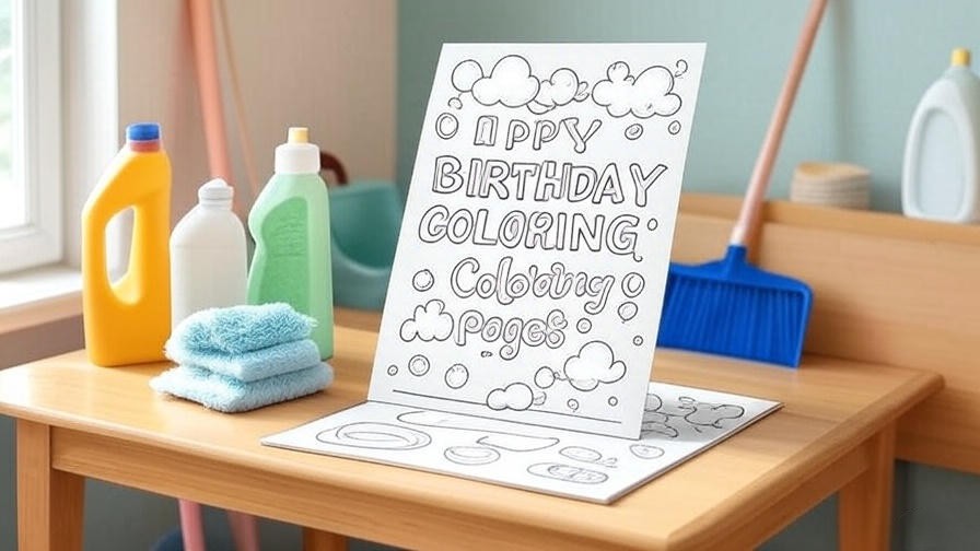 Tidy home corner with a happy birthday coloring page and cleaning supplies.