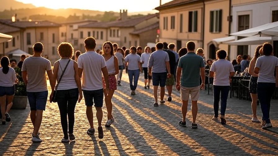 Italian village sunset stroll symbolizing New Year community connection.
