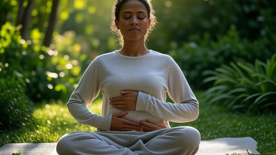 Person practicing diaphragmatic breathing in sitting meditation pose outdoors