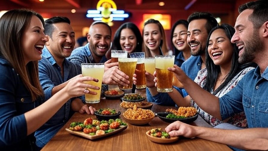 Lively Texas Roadhouse happy hour with friends enjoying margaritas and appetizers