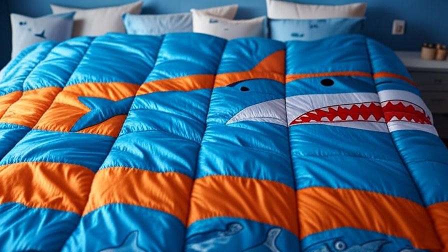Cozy shark sleeping bag with vibrant design on ocean-themed bed