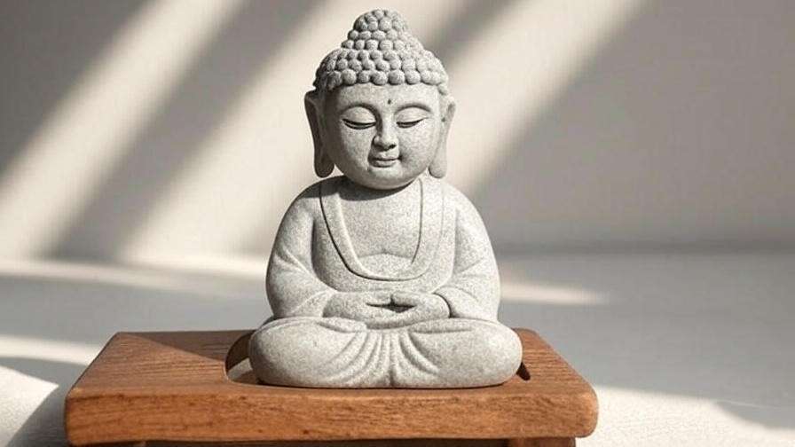 Close-up of a meditating Buddha figurine in Dhyana Mudra pose on a wooden stand.