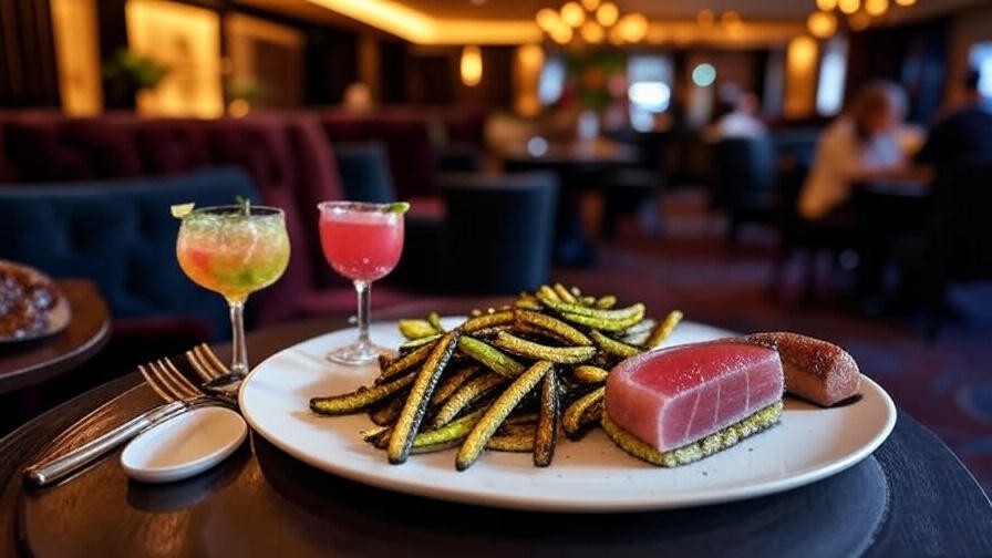 Inviting Ruth’s Chris happy hour lounge with zucchini fries and cocktail offerings