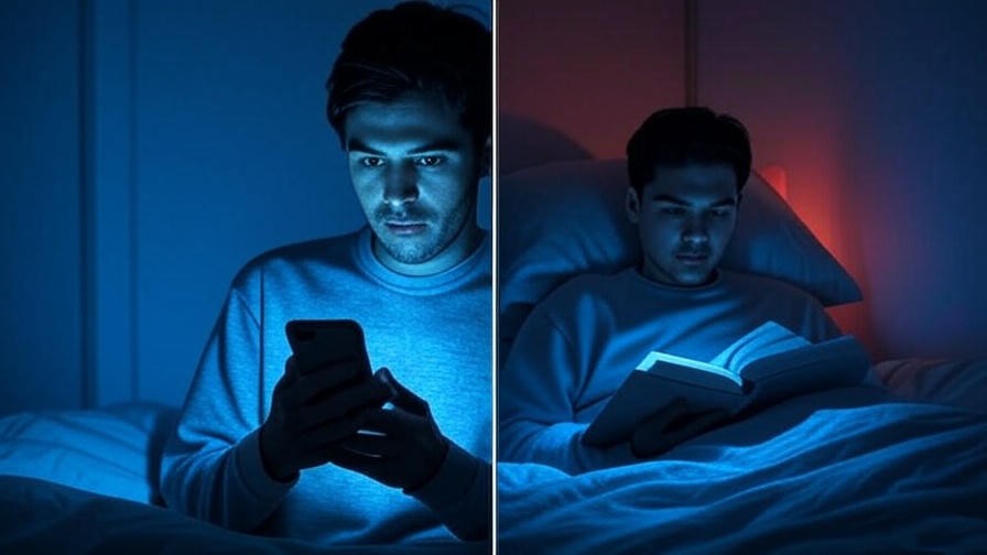 Split-screen showing blue light from a smartphone versus a red sleep light bulb in a bedroom, highlighting their effects on sleep.
