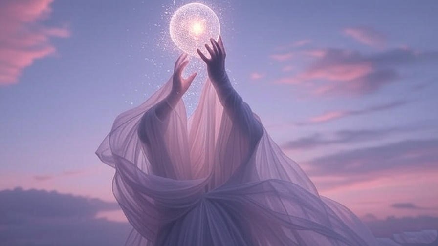 Abstract figure releasing glowing orb symbolizing meditation insights.
