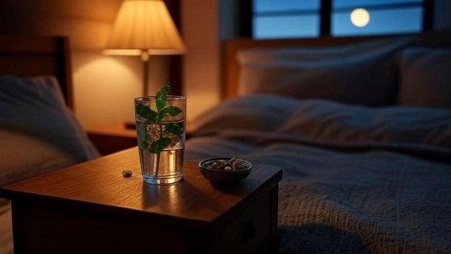 Tranquil bedroom with nightstand, herbal-infused water, and supplements for Huberman Sleep Cocktail.