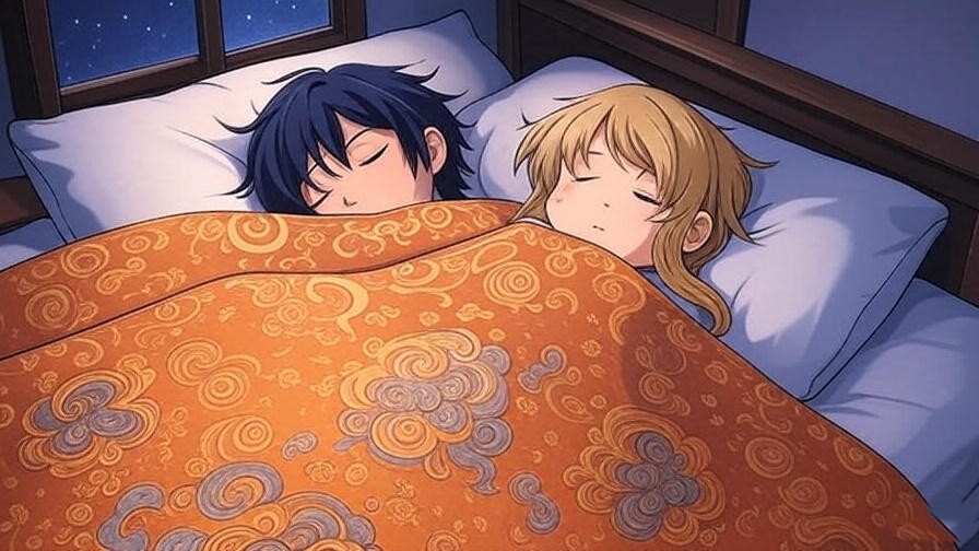 Anime characters sleeping peacefully under moonlight in a cozy bed, inspiring restful sleep.