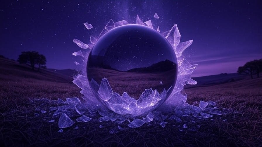 Shattered crystal ball fading into a starry sky, symbolizing the debunking of dream myths.