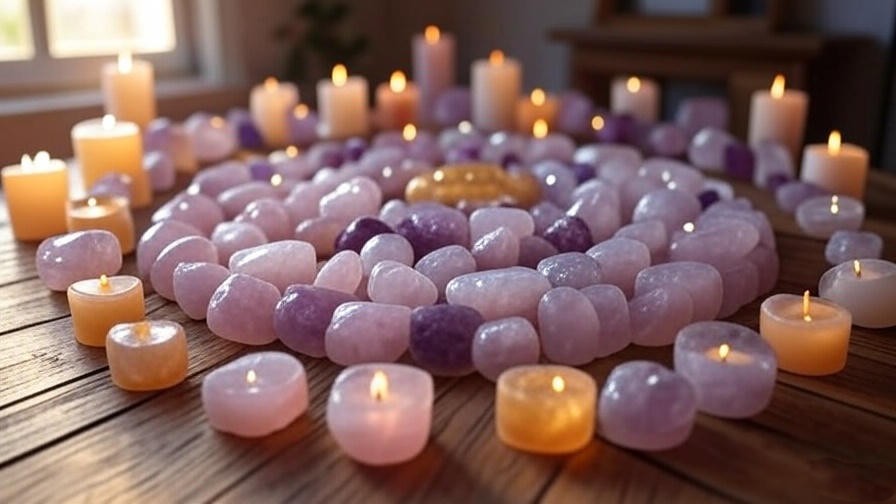 Meditation altar with rose quartz, amethyst, and citrine stones arranged in a circle with candles and sunlight.