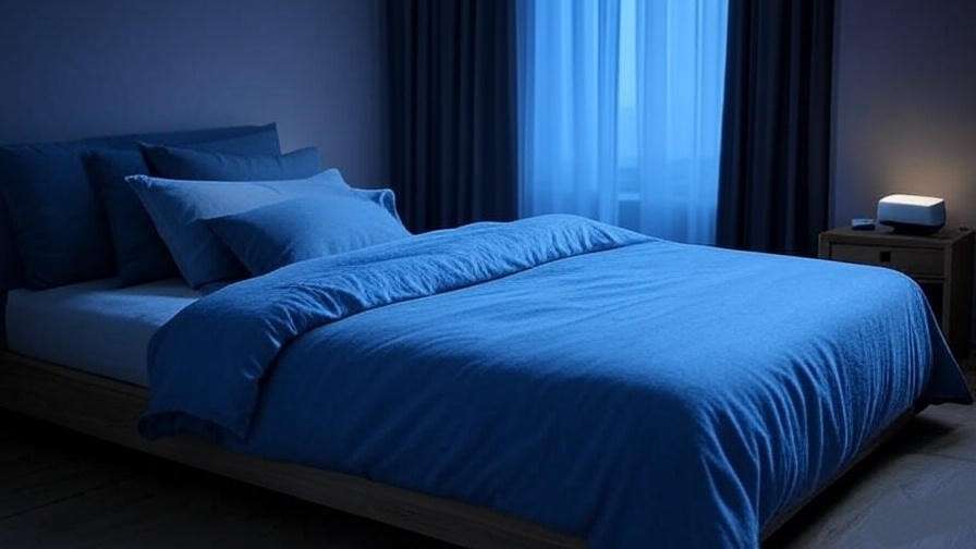 Serene bedroom with cozy blue bedding, blackout curtains, and a white noise machine for optimal sleep environment.
