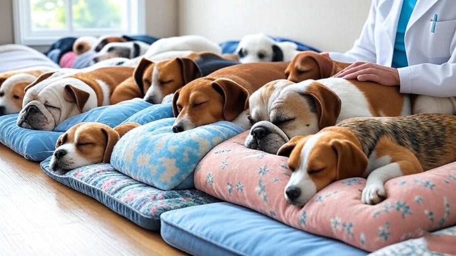 Various dog breeds sleeping on supportive beds with a vet checking one’s pulse.