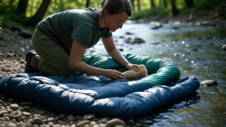 Person cleaning a sleeping bag with biodegradable detergent near a campsite stream for eco-friendly care.