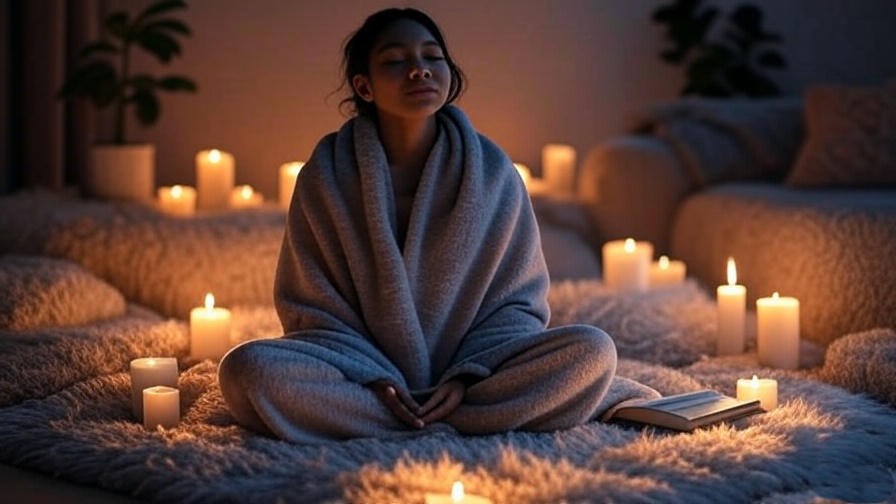 Cozy meditation scene with blanket, candles, and journal on rug