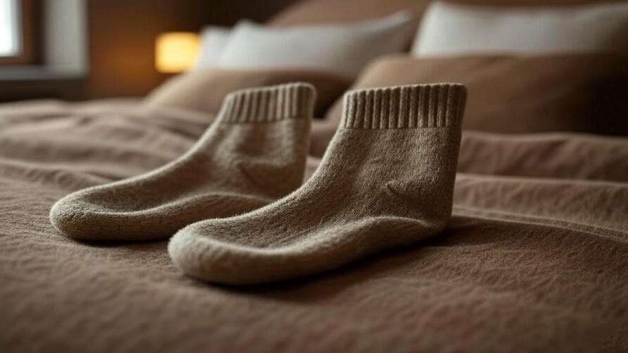 Close-up of cozy bamboo sleep socks on a warm bed, ideal for better sleep. 