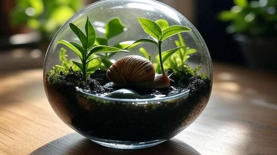Glass terrarium with snail resting on moist soil and leaves