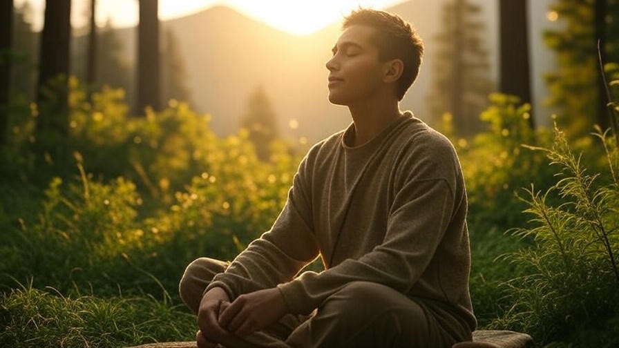 Person meditating in a peaceful forest at sunrise, symbolizing gratitude meditation.