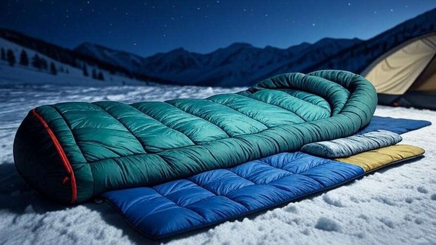 Detailed view of zero degree sleeping bag features with draft collar and hood in snowy campsite