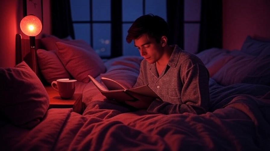 Person journaling under a red sleep light bulb in a cozy bedroom, part of a relaxing evening routine.
