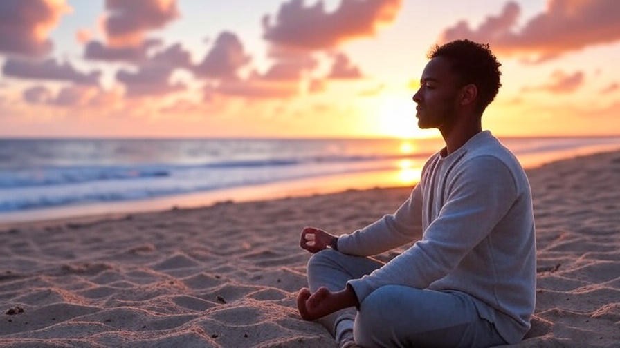 Person meditating on Happy Valley Gloucester beach at sunset