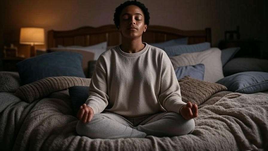 Person practicing mindfulness meditation before bed for better sleep.